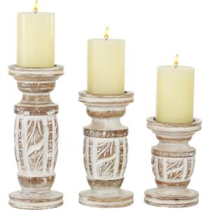 imageDeco 79 Wood Handmade Decorative Candle Holder Candle Stand with Carved Designs Set of 3 Candlestick Holder 6 8 10H WhiteWhite