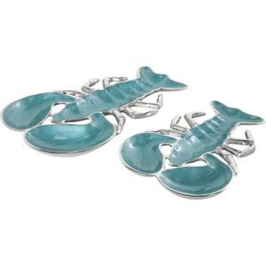 imageDeco 79 Aluminum Metal Lobster Living Room Decor Tray Enameled Ottoman Tray with Silver Metal Exterior Set of 2 Serving Tray 11quot 9quot W TealTeal