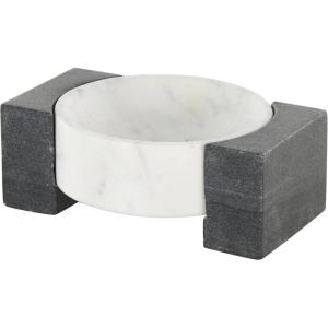 imageDeco 79 Marble Geometric Living Room Decor Tray Round Ottoman Tray with Black Rectangular Blocks Serving Tray 10quot x 8quot x 3quot WhiteWhite