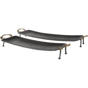 imageDeco 79 Metal Textured Curved Tray with Elevated Feet and Gold Scroll Vine Handles Set of 2 28quot 24quot W BlackBlack