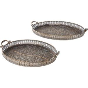 imageDeco 79 Metal Textured Curved Tray with Elevated Feet and Gold Scroll Vine Handles Set of 2 28quot 24quot W BlackBrass