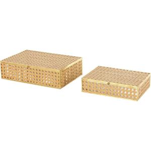 imageDeco 79 Rattan Decorative Jewelry Box Woven Jewelry Organizers with Glass Panels and Chain Accent Set of 2 Jewelry Holder 10quot 8quotW Brown10  8W