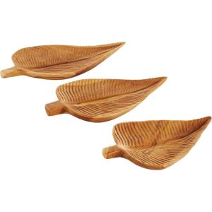 imageDeco 79 Teak Wood Leaf Handmade Carved Tray Set of 3 17quot 15quot 13quot H Brown17 x 10 x 15