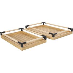 imageDeco 79 Wood Slatted Tray with Elevated Woven Sides and Black Metal Corners 19quot 16quot W BrownBrown