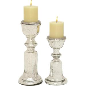 imageDeco 79 Glass Handmade Decorative Candle Holder Turned Style Pillar Candle Stand Set of 2 Candlestick Holder 9quot 12quotH SilverSilver