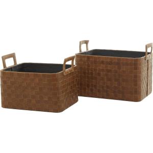 imageDeco 79 Leather Handmade Decorative and Functional Storage Basket Basket Organizer with Handles Set of 2 Basket for Storage 19quot 17quotW Dark BlueBrown