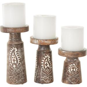 imageDeco 79 Mango Wood Decorative Candle Holder Round Carved Dotted Pillar Candle Stand Set of 3 Candlestick Holder 10quot 8quot 6quot H Light BrownDark Brown
