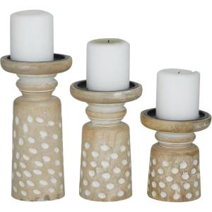 imageDeco 79 Mango Wood Decorative Candle Holder Round Carved Dotted Pillar Candle Stand Set of 3 Candlestick Holder 10quot 8quot 6quot H Light BrownLight Brown