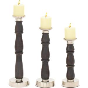 imageDeco 79 Mango Wood Solid Candle Holder Set of 3 9quot 12quot 15quotH BrownDark Brown