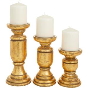 imageDeco 79 Mango Wood Turned Style Pillar Candle Holder Set of 3 10quot 8quot 6quotH WhiteGold