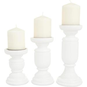imageDeco 79 Mango Wood Turned Style Pillar Candle Holder Set of 3 10quot 8quot 6quotH WhiteWhite