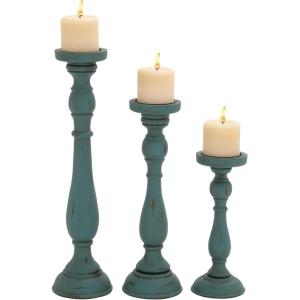 imageDeco 79 Wooden Decorative Candle Holder Distressed Turned Candle Stand Set of 3 Candlestick Holder 19quot 15quot 11quotH TealBlue