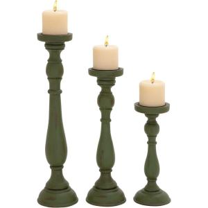 imageDeco 79 Wooden Decorative Candle Holder Distressed Turned Candle Stand Set of 3 Candlestick Holder 19quot 15quot 11quotH TealGreen