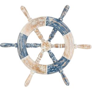 imageDeco 79 Wood Sail Boat Home Wall Decor Distressed Ship Wheel Wall Sculpture with White Accents Wall Art 24quot x 2quot x 24quot BlueBlue