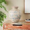 imageDeco 79 Ceramic Scroll Decorative Vase Antique Style Wide Rounded Centerpiece Vase with Blue and Copper Accents Flower Vase for Home Decoration 14quot x 13quot x 10quot BeigeBeige