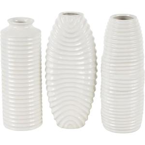 imageDeco 79 Ceramic Decorative Vase Dimensional Ribbed Centerpiece Vases with Varying Shapes Set of 3 Flower Vases for Home Decoration 4quot W 11quot H SilverWhite