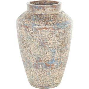 imageDeco 79 Ceramic Scroll Decorative Vase Antique Style Wide Rounded Centerpiece Vase with Blue and Copper Accents Flower Vase for Home Decoration 14quot x 13quot x 10quot BeigeBeige