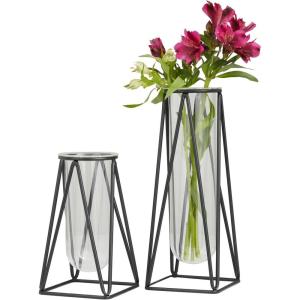 imageDeco 79 Glass Decorative Vase Tube Centerpiece Vases with Metal Stand Set of 2 Flower Vases for Home Decoration 13quot 9quotH BlackBlack