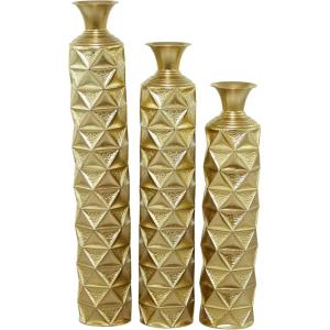 imageDeco 79 Metal Decorative Vase Tall Distressed Metallic Centerpiece Vases with 3D Triangle Patterns Set of 3 Vases for Home Decoration 34quot 29quot 25quot H Gold