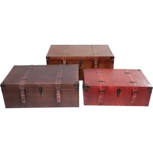 imageDeco 79 Wooden Decorative Trunk Vintage Studded Woven Storage Decorative Large Boxes with Brown Buckle Straps Set of 3 Storage Trunks 24quot 21quot 18quot H Multi ColoredMulticolor