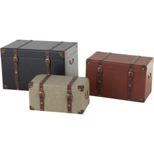 imageDeco 79 Wooden Decorative Trunk Vintage Studded Woven Storage Decorative Large Boxes with Brown Buckle Straps Set of 3 Storage Trunks 24quot 21quot 18quot H Multi ColoredMulti Colored