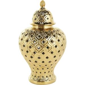 imageDeco 79 Ceramic Living Room Decorative Jars Decorative Container with Geometric Cutout Design and Lid Jar with Lid 10quot x 10quot x 18quot GoldGold