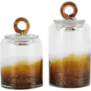imageDeco 79 Glass Geometric Living Room Decorative Jars Faceted Ombre Decorative Container with Diamond Knobs Set of 2 Jar with Lid 9quot 7quotH Dark BlueBrown
