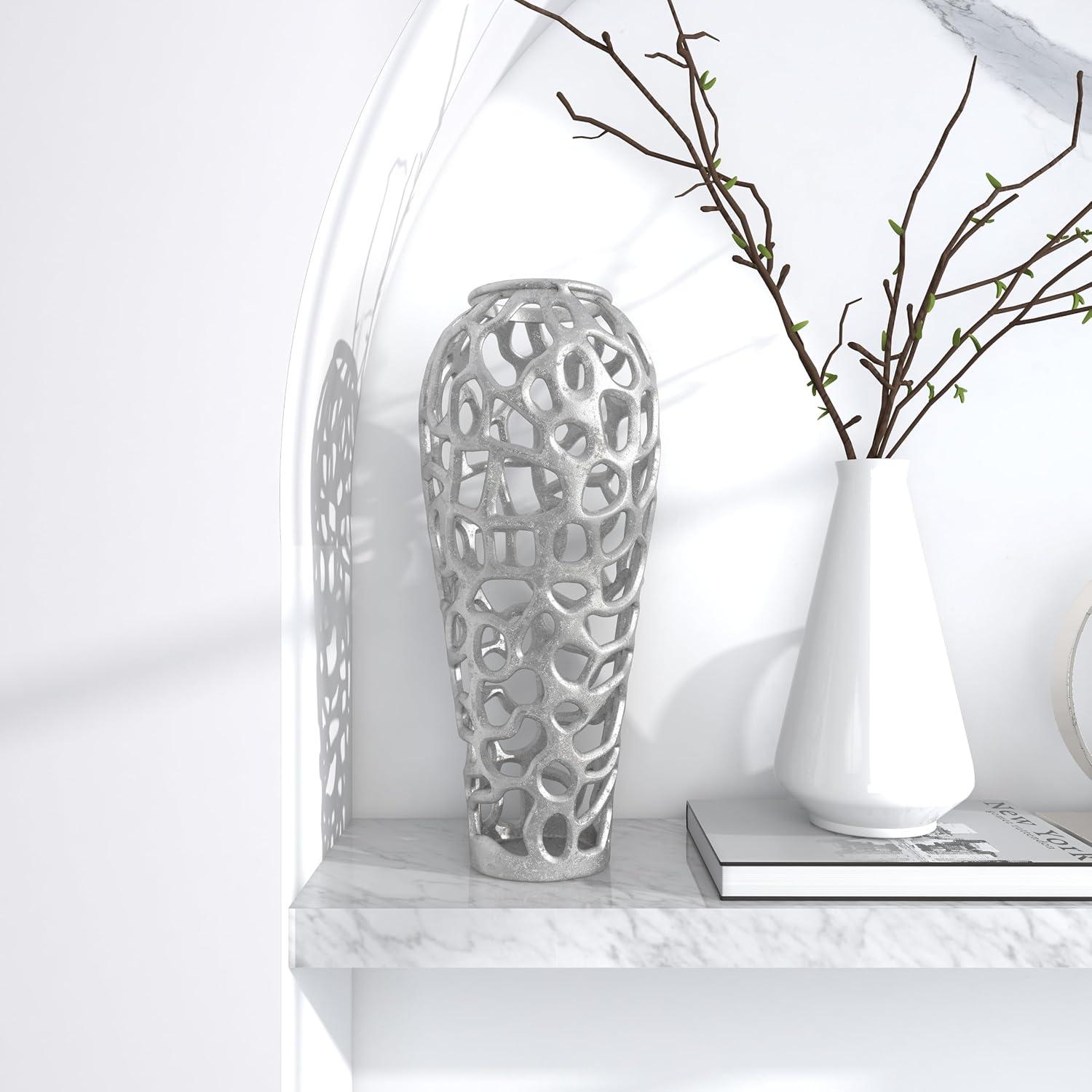 imageDeco 79 Aluminum Metal Decorative Vase Cutout Coral Centerpiece Vase Vase for Home Decoration 8quot x 8quot x 19quot Silver8L x 8W x 19H