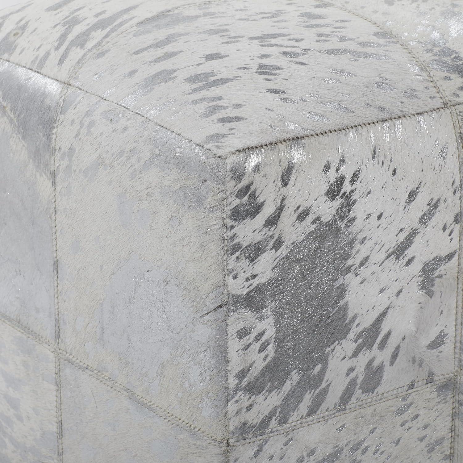 imageDeco 79 Leather Handmade Stool with Silver Foil Paint 16quot x 16quot x 17quot WhiteWhite