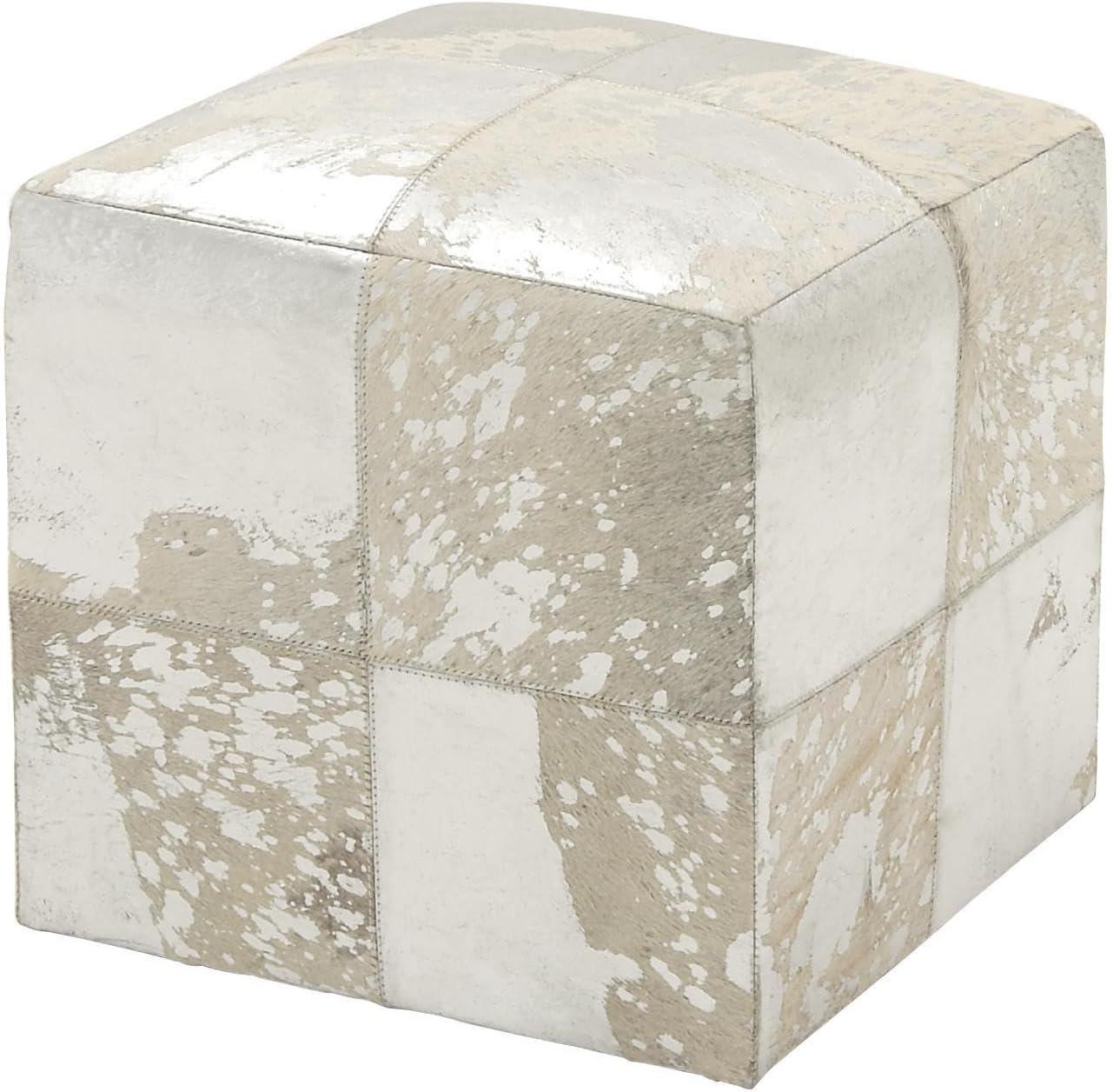 imageDeco 79 Leather Handmade Stool with Silver Foil Paint 16quot x 16quot x 17quot WhiteWhite