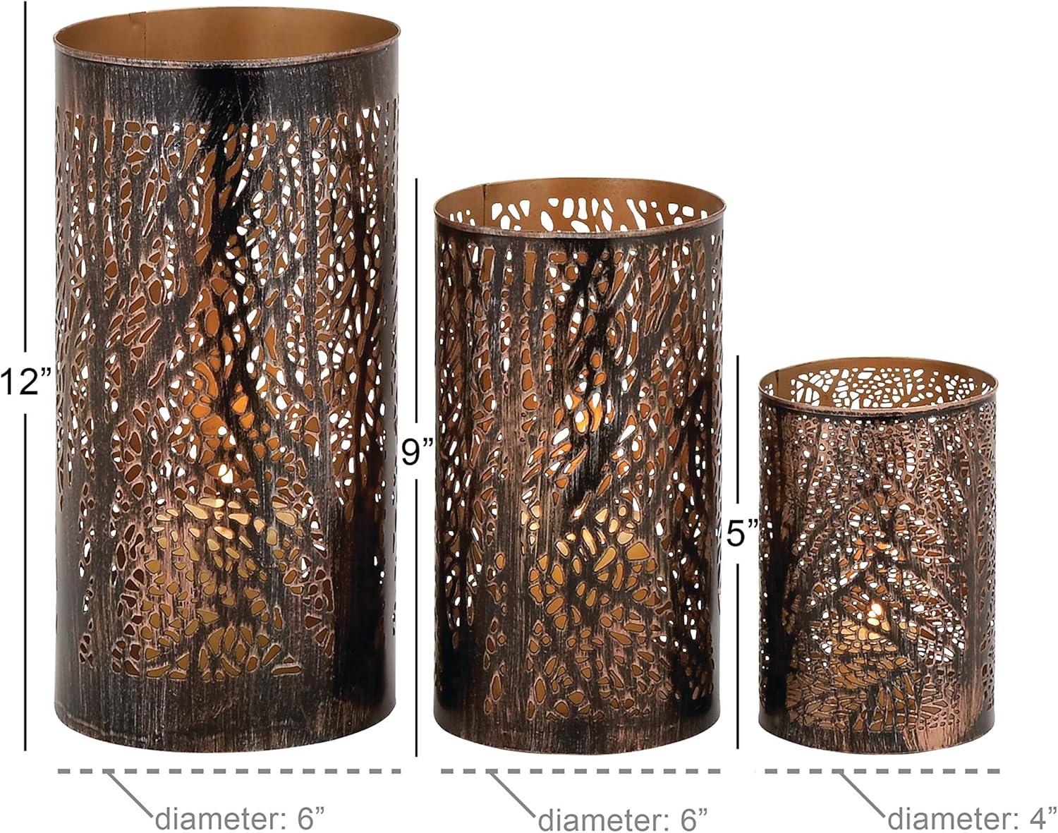 imageDeco 79 Metal Indoor Outdoor Candle Lantern Cutout Tree Branch Lantern Candle Holder with Gold Interior Set of 3 Lantern 12quot 9quot 5quotH Bronze12  9  5H