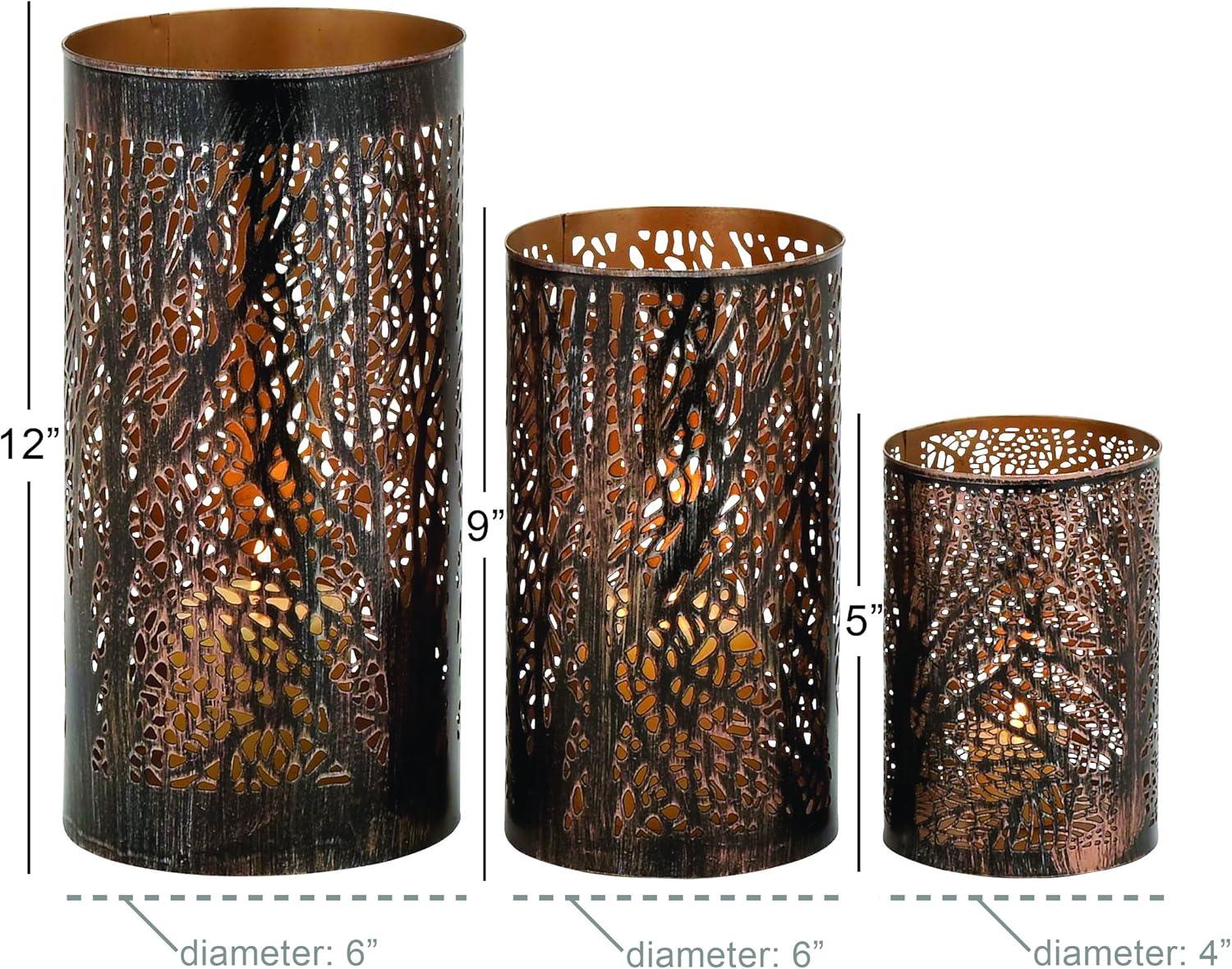 imageDeco 79 Metal Indoor Outdoor Candle Lantern Cutout Tree Branch Lantern Candle Holder with Gold Interior Set of 3 Lantern 12quot 9quot 5quotH Bronze12  9  5H
