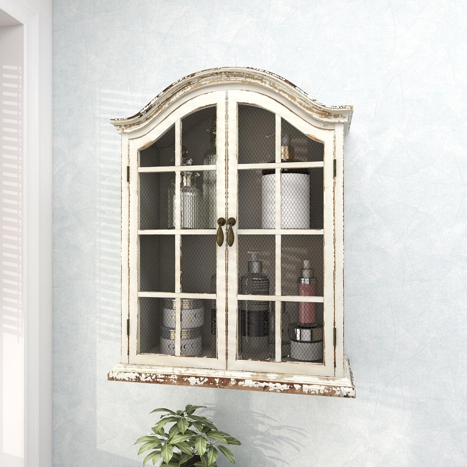 imageDeco 79 Vintage Wood Wall Dcor with Glass Doors and Shelving 22quot x 8quot x 28quot White