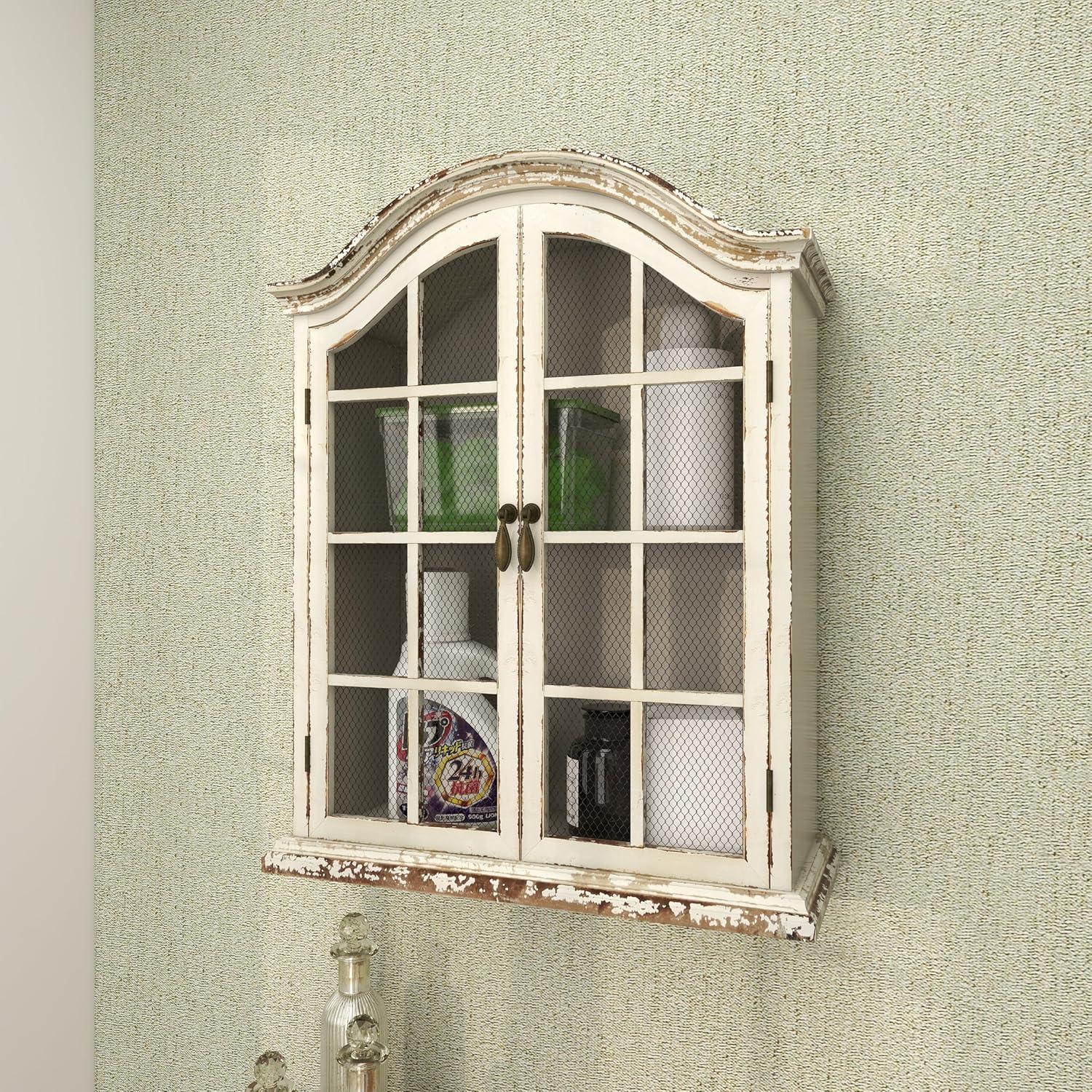 imageDeco 79 Vintage Wood Wall Dcor with Glass Doors and Shelving 22quot x 8quot x 28quot White