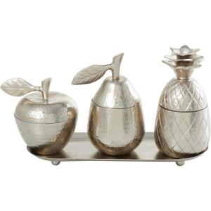 imageDeco 79 Aluminum Metal Fruit Decorative Jars with Matching Leaf Tray Set of 4 12quot W 7quot H Silver