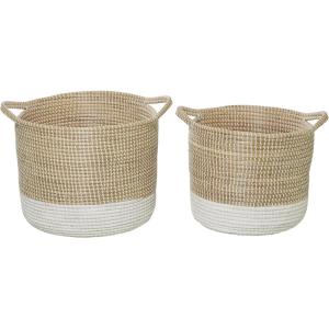 imageDeco 79 Seagrass Handmade Decorative and Functional Storage Basket Two Toned Basket Organizer with Handles Set of 2 Basket for Storage 18quot 20quotW WhiteBeigeWhite