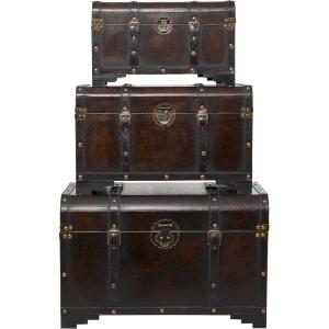 imageDeco 79 Wooden Decorative Trunk Nesting Upholstered Decorative Large Boxes with Vintage Accents and Studs Set of 3 Storage Trunks 28quot 24quot 20quotW Brown AmberAmber