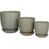 imageDeco 79 Ceramic Geometric Indoor Outdoor Planter Grid Patterned Small Planter Pot with Brown Accents and Base Tray Set of 3 Planters 6quot 5quot H WhiteLight Gray