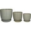 imageDeco 79 Ceramic Geometric Indoor Outdoor Planter Grid Patterned Small Planter Pot with Brown Accents and Base Tray Set of 3 Planters 6quot 5quot H WhiteLight Gray