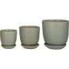 imageDeco 79 Ceramic Geometric Indoor Outdoor Planter Grid Patterned Small Planter Pot with Brown Accents and Base Tray Set of 3 Planters 6quot 5quot H WhiteLight Gray
