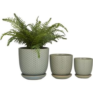 imageDeco 79 Ceramic Geometric Indoor Outdoor Planter Grid Patterned Small Planter Pot with Brown Accents and Base Tray Set of 3 Planters 6quot 5quot H WhiteLight Gray