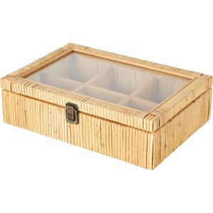 imageDeco 79 Rattan Handmade Decorative Jewelry Box Wrapped 6 Slot Jewelry Organizer with Tempered Glass Top Jewelry Holder 12quot x 9quot x 4quot Brown