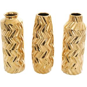 imageDeco 79 Ceramic Decorative Vase Dimensional Chevron Textured Centerpiece Vases with Varying Shapes Set of 3 Vases for Home Decoration 4quot W 11quot H GoldGold