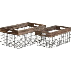 imageDeco 79 Metal Decorative and Functional Storage Basket Wire Rectangular Basket Organizer with Wooden Edge and Slit Handles Set of 2 Basket for Storage 18quot 15quotW Black18 and 15L