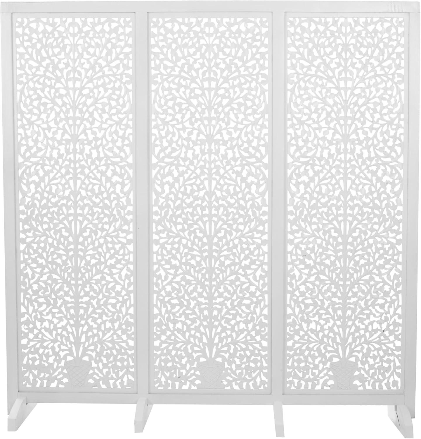 imageDeco 79 Wooden Floral Handmade Partition Room Divider Screen Large Flat Freestanding Carved Privacy Screen with 4 Feet Room Partition 71quot x 14quot x 72quot BlackWhite