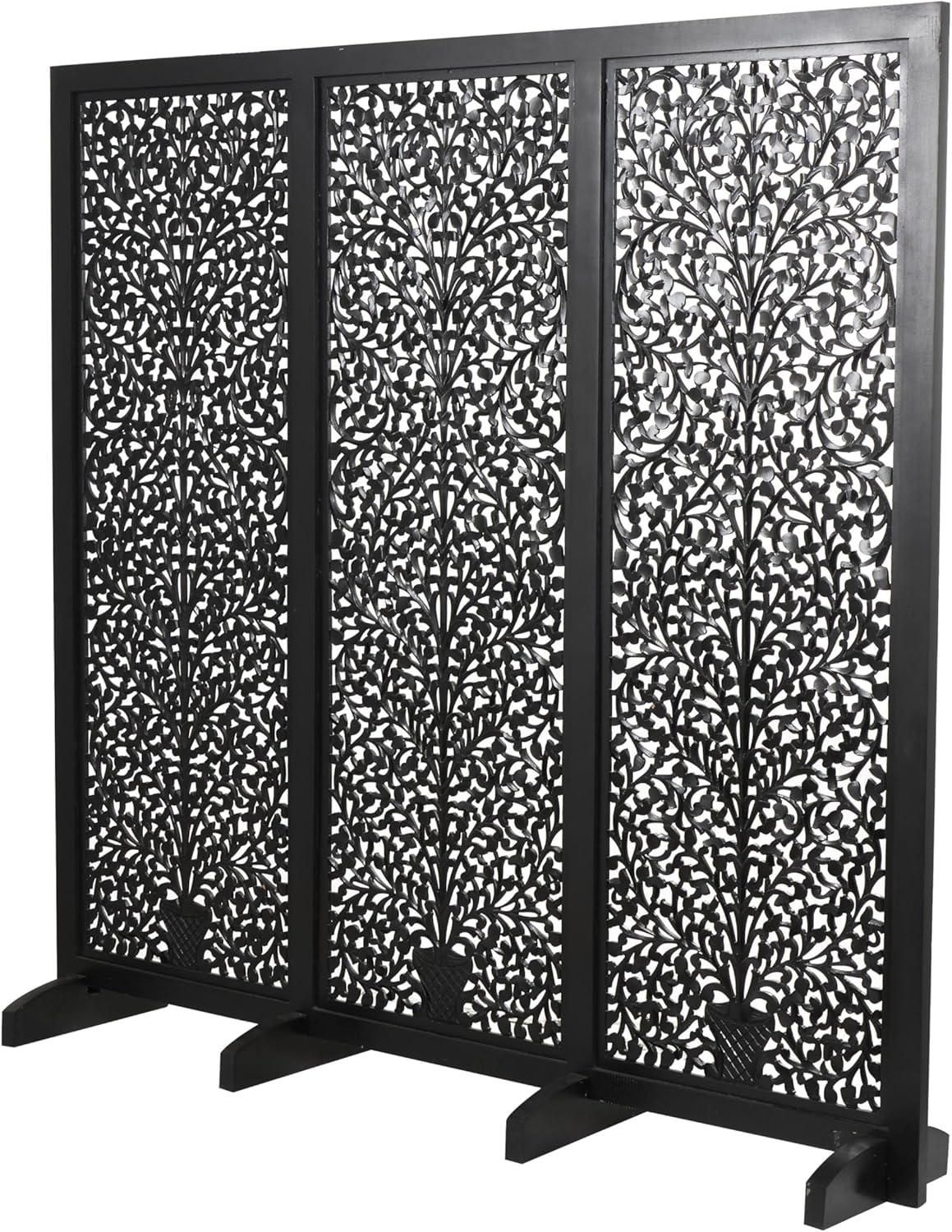 imageDeco 79 Wooden Floral Handmade Partition Room Divider Screen Large Flat Freestanding Carved Privacy Screen with 4 Feet Room Partition 71quot x 14quot x 72quot BlackBlack