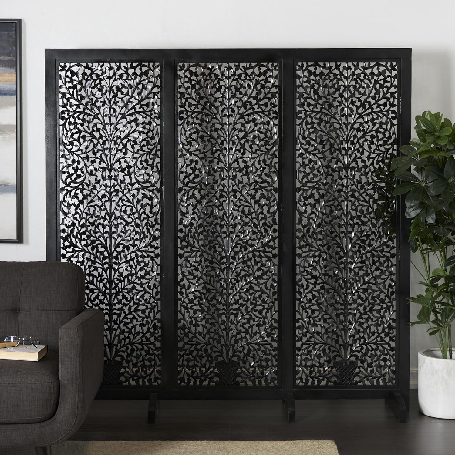 imageDeco 79 Wooden Floral Handmade Partition Room Divider Screen Large Flat Freestanding Carved Privacy Screen with 4 Feet Room Partition 71quot x 14quot x 72quot BlackBlack