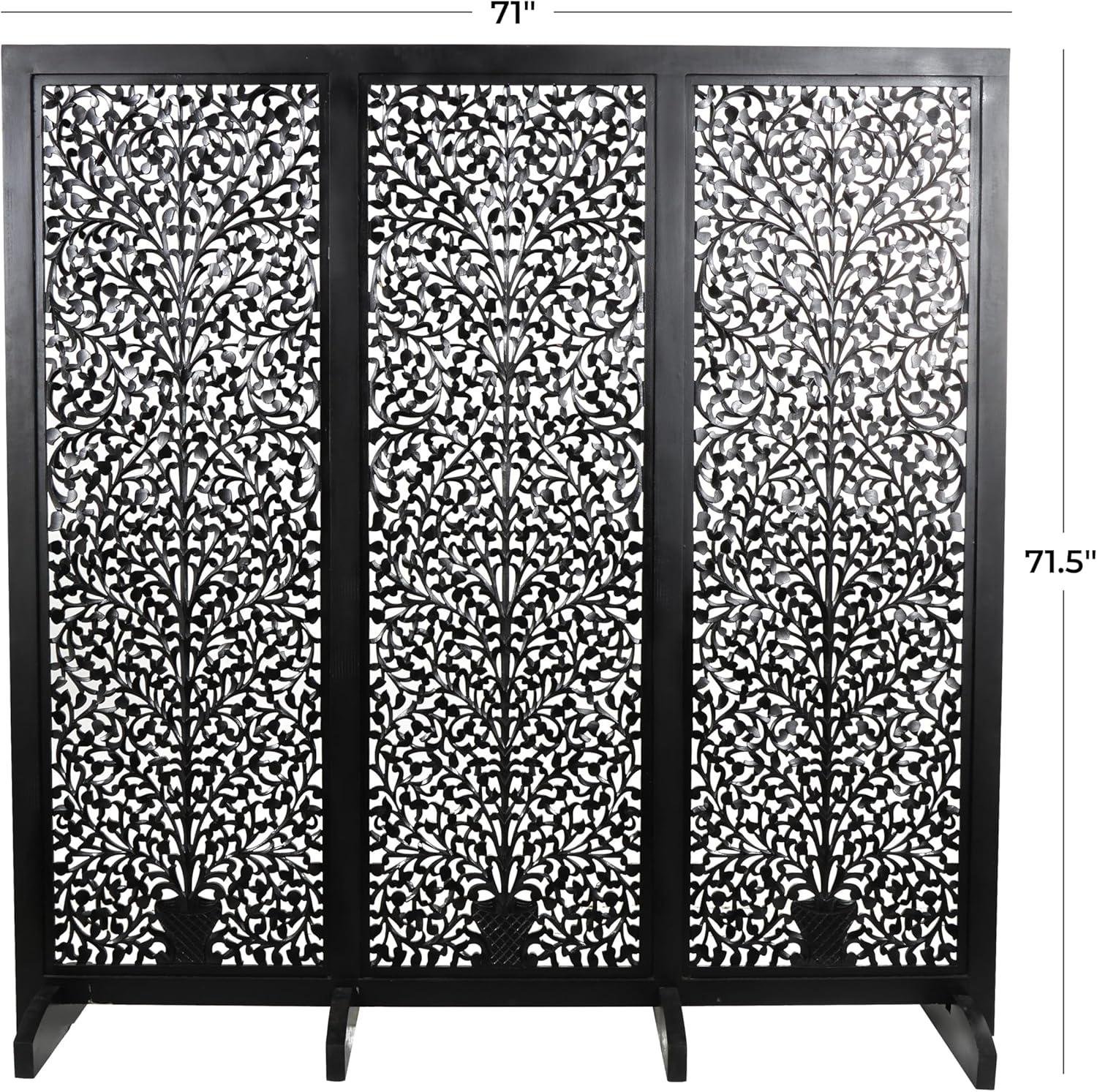 imageDeco 79 Wooden Floral Handmade Partition Room Divider Screen Large Flat Freestanding Carved Privacy Screen with 4 Feet Room Partition 71quot x 14quot x 72quot BlackBlack