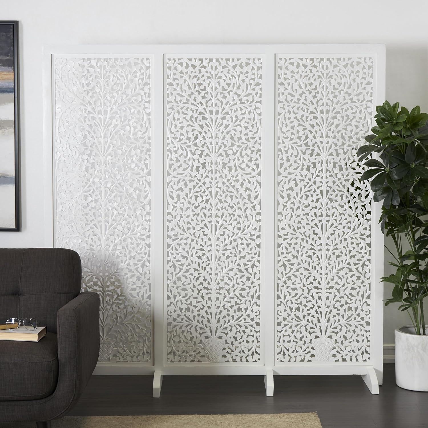 imageDeco 79 Wooden Floral Handmade Partition Room Divider Screen Large Flat Freestanding Carved Privacy Screen with 4 Feet Room Partition 71quot x 14quot x 72quot BlackWhite