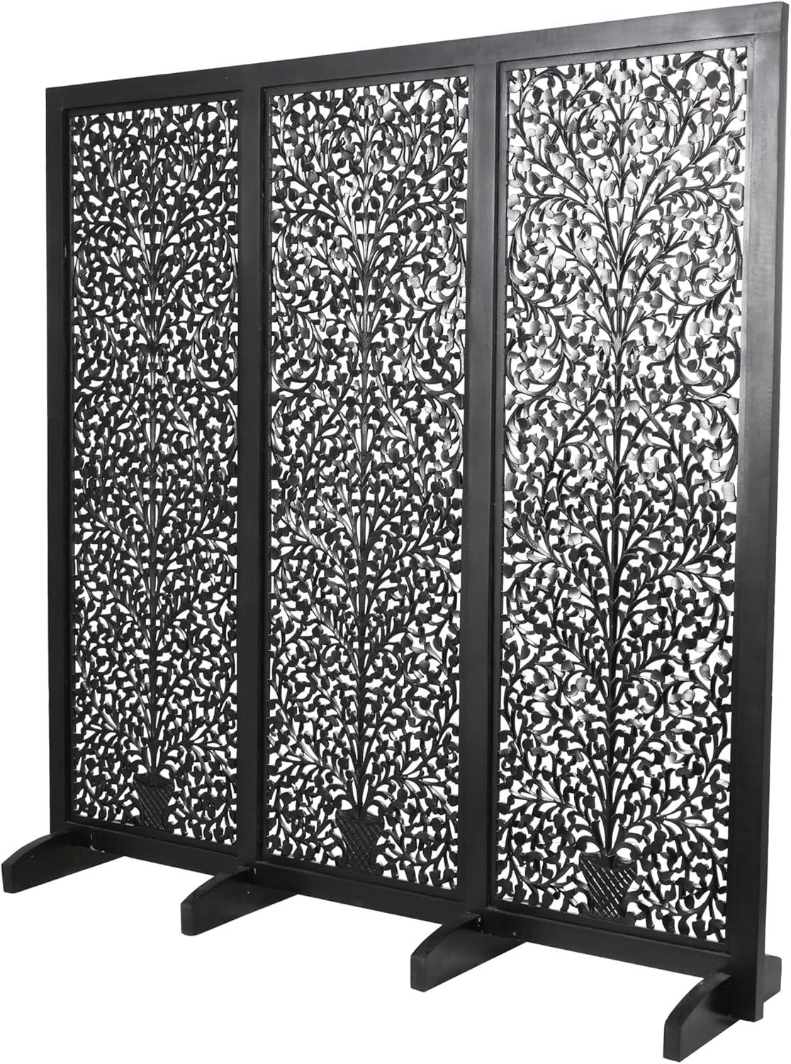imageDeco 79 Wooden Floral Handmade Partition Room Divider Screen Large Flat Freestanding Carved Privacy Screen with 4 Feet Room Partition 71quot x 14quot x 72quot BlackBlack